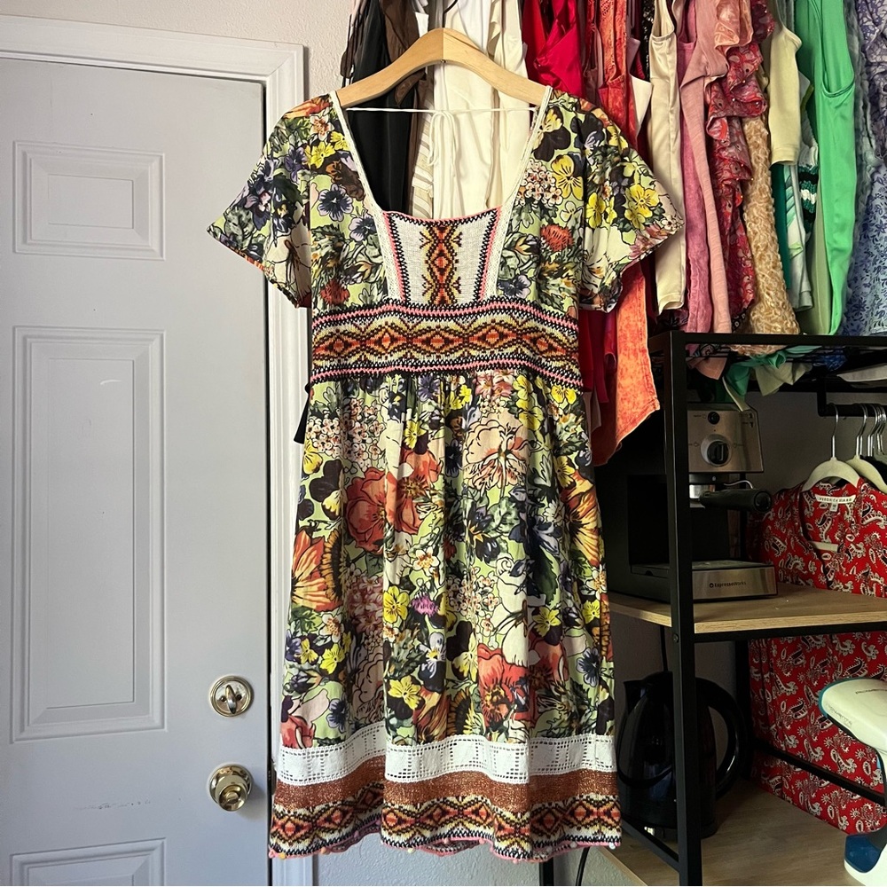 CECILIA PRADO multicolor floral‎ print lace trim square neck mini dress